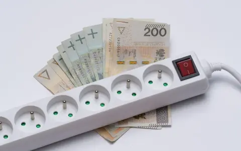 Pieniądze leżą pod listwą z gniazdkami, symbolizując zamrożenie cen prądu.
