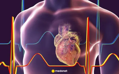 Anatomical serce człowieka na tle wykresów EKG.