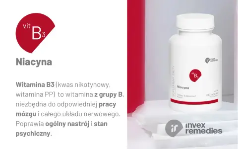 Niacyna, czyli witamina PP, wspiera pracę mózgu i układu nerwowego, poprawiając nastrój. Opakowanie suplementu diety.