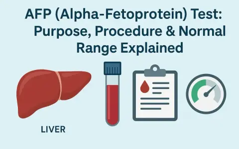 AFP (Alpha-Fetoprotein) Test: co to za badanie? Grafika pokazuje wątrobę, probówkę z krwią, dokument z kroplą krwi i wskaźnik.