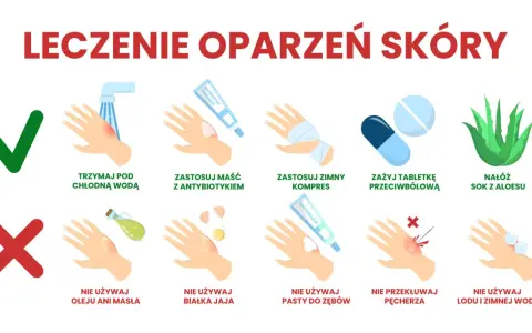 Leczenie oparzeń skóry: chłodna woda, maść z antybiotykiem, zimny kompres, tabletki przeciwbólowe, aloes. Unikaj masła, jajka, pasty do zębów, przekłuwania pęcherzy, lodu. Oparzenie 3 stopnia wymaga ostrożności.