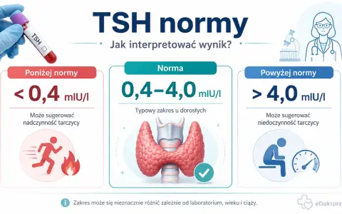 Wynik TSH poniżej normy (<0,4 mIU/I) może sugerować nadczynność tarczycy, podczas gdy powyżej normy (>4,0 mIU/I) niedoczynność. Tyroksyna jest kluczowa dla prawidłowego funkcjonowania.
