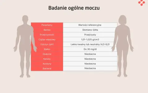 Tabela z parametrami badania moczu: barwa, przejrzystość, ciężar właściwy, odczyn, białko, glukoza, ketony, azotyny, bakterie. Obok wartości referencyjne.