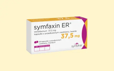 Opakowanie leku Symfaxin ER 37,5 mg, zawierające 28 kapsułek o przedłużonym uwalnianiu. To faxolet dla pacjentów.