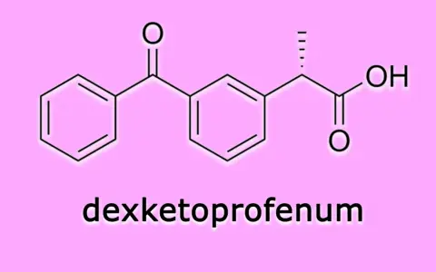 Struktura chemiczna deksketoprofenu, leku przeciwbólowego i przeciwzapalnego.