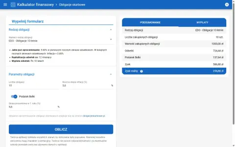 Kalkulator obligacji skarbowych EDO 10-letnich. Pokazuje oprocentowanie, odsetki, podatek Belki i zysk realny.