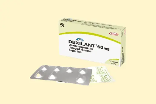 Opakowanie leku Dexilant 60 mg, kapsułki o opóźnionym uwalnianiu, wraz z blistrem.