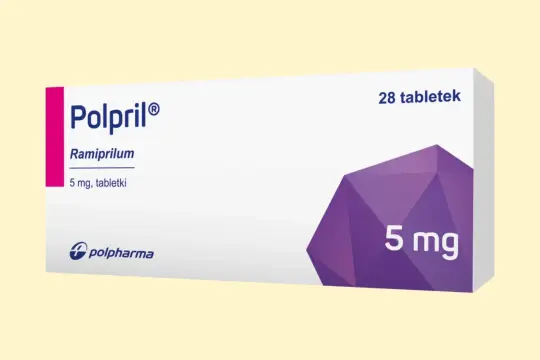 Opakowanie leku Polpril z ramiprylem, 5 mg, 28 tabletek. Polpril to nazwa handlowa leku.