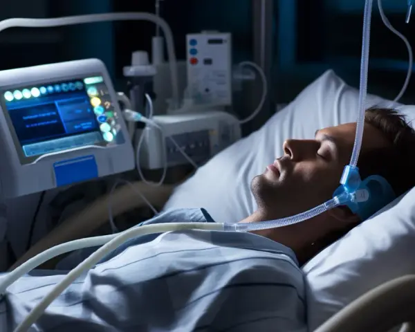 Mężczyzna śpi w łóżku szpitalnym z maską CPAP na twarzy, podłączony do aparatury monitorującej. To badanie polisomnografia.