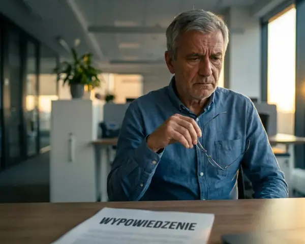 Zamyślony starszy mężczyzna z okularami w dłoni, przed nim dokument "Wypowiedzenie". To trudny okres ochronny przed emeryturą.