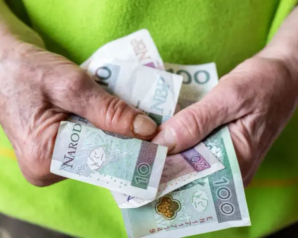 Dłonie trzymają polskie banknoty. Zastanawiasz się, ile wynosi renta socjalna?