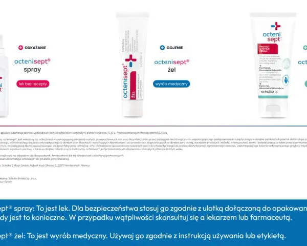 Octenisept spray i żel to produkty do dezynfekcji i gojenia ran. Spray jest lekiem, a żel wyrobem medycznym. Oba pomagają w leczeniu oparzeń.