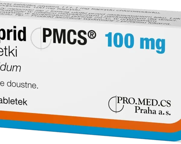 Opakowanie leku Tiaprid 100 mg, zawierające 20 tabletek. Tiapridum to substancja czynna.