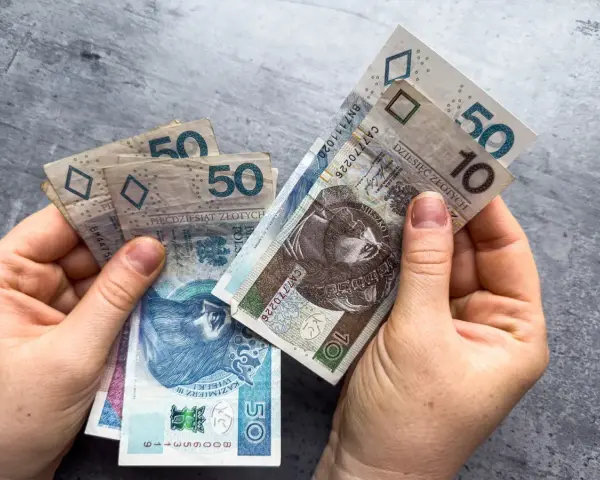 Dłonie trzymają polskie banknoty 10 i 50 zł. Może to symbolizować oczekiwanie na ponowne przeliczenie emerytury ZUS.