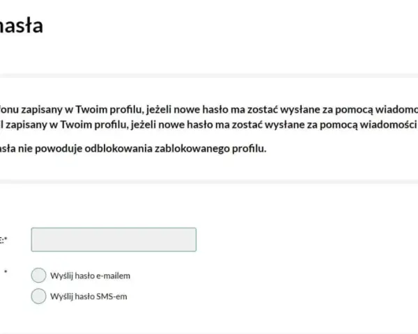 Formularz przypomnienia hasła do PUE. Podaj login, wybierz sposób wysyłki hasła: e-mailem lub SMS-em.