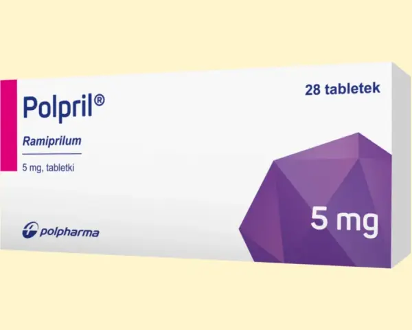 Opakowanie leku Polpril z ramiprylem, 5 mg, 28 tabletek. Polpril to nazwa handlowa leku.
