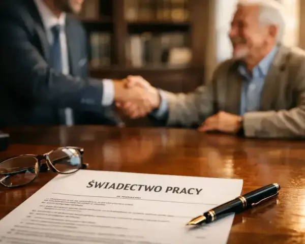 Uścisk dłoni na zakończenie formalności. Na stole świadectwo pracy, okulary i pióro. To symboliczna odprawa emerytalna.