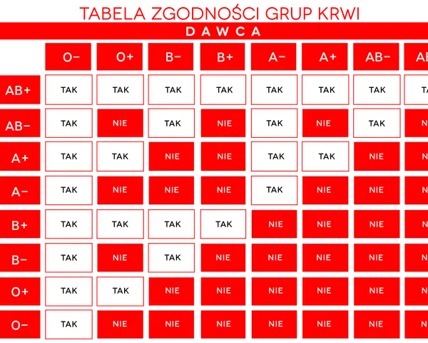 Tabela zgodności grup krwi. Pokazuje, które grupy krwi są kompatybilne przy transfuzji.