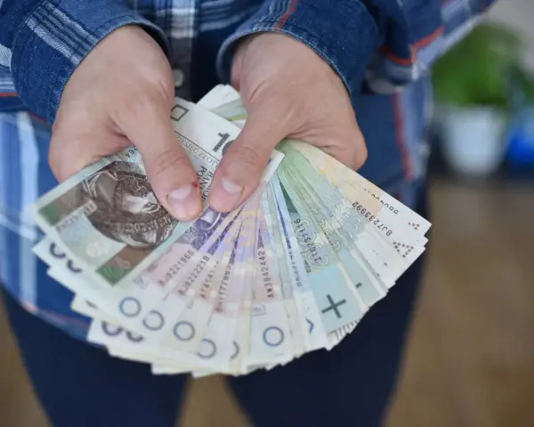 Dłonie trzymające plik polskich banknotów. Czy to zapłata za coś, czy może przyszła renta alkoholowa?