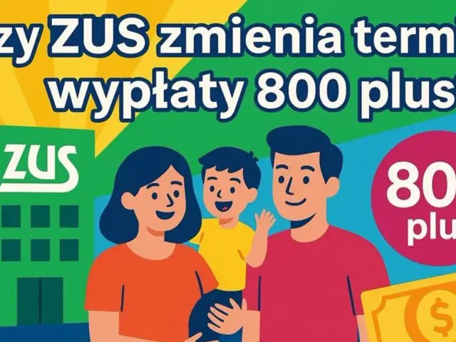Rodzina z dzieckiem przed budynkiem ZUS. Czy ZUS zmienia terminy wypłaty 800 plus?