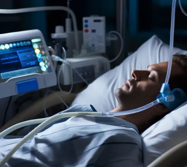Mężczyzna śpi w łóżku szpitalnym z maską CPAP na twarzy, podłączony do aparatury monitorującej. To badanie polisomnografia.
