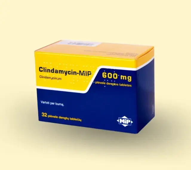 Opakowanie leku Clindamycin-MIP 600 mg, zawierające 32 tabletki powlekane.