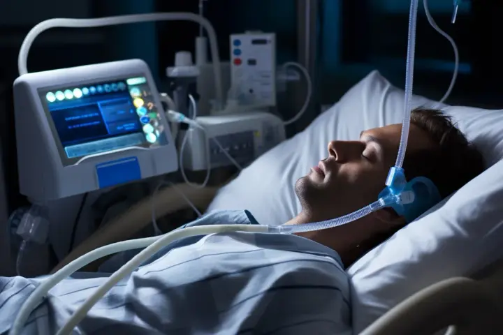 Mężczyzna śpi w łóżku szpitalnym z maską CPAP na twarzy, podłączony do aparatury monitorującej. To badanie polisomnografia.