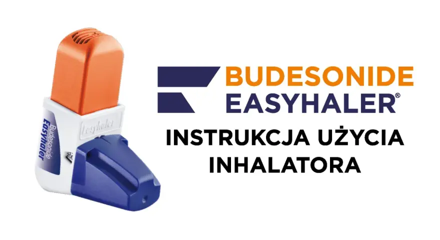 Pomarańczowo-biały inhalator budesonide easyhaler z niebieską nakładką. Obok logo i napis "Instrukcja użycia inhalatora".