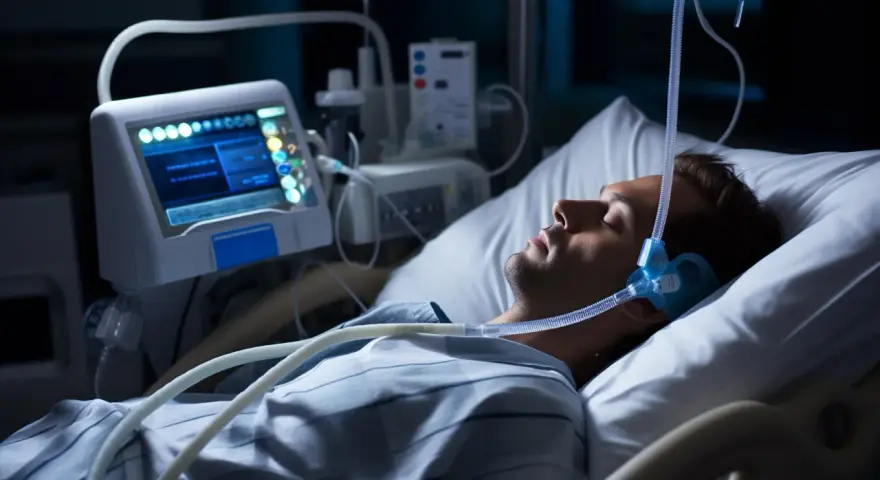 Mężczyzna śpi w łóżku szpitalnym z maską CPAP na twarzy, podłączony do aparatury monitorującej. To badanie polisomnografia.