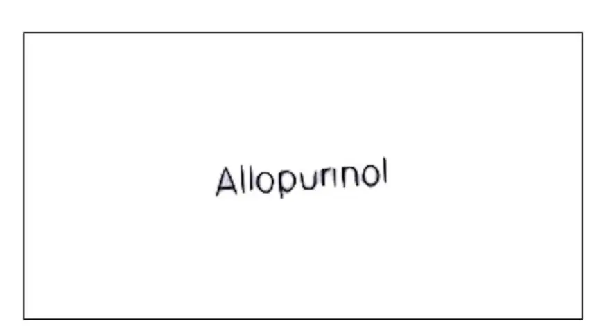 Napis "Allopurinol" na białym tle. Lek Milurit 300 pomaga w leczeniu dny moczanowej.