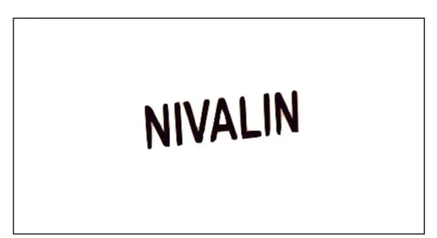 Nivalin - nazwa marki leku, napisana grubymi, ciemnymi literami na białym tle.