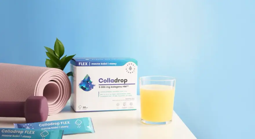 Aktywny senior z Colladrop FLEX: mata do ćwiczeń, hantle, napój i suplementy dla mocnych kości i stawów.