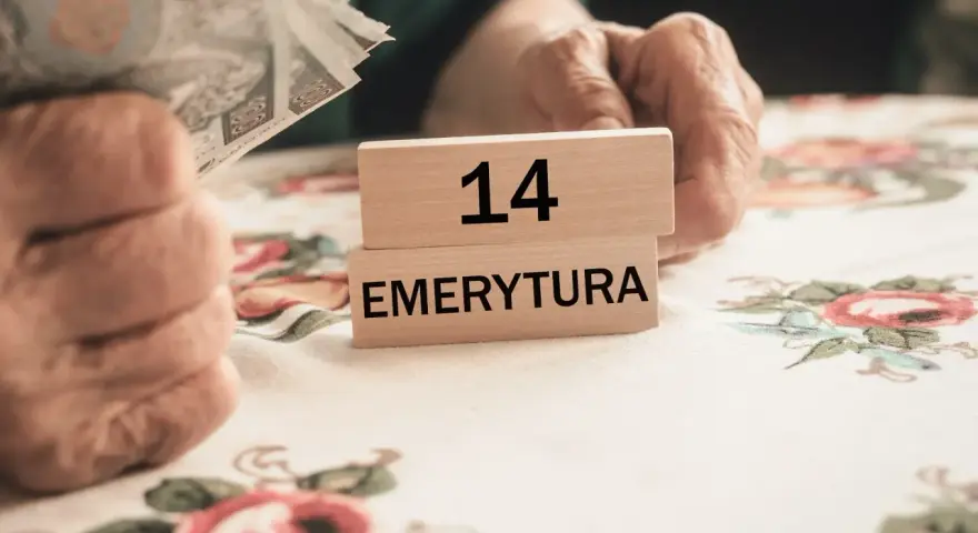 Dłonie trzymają pieniądze obok drewnianych klocków z napisem "14 EMERYTURA".