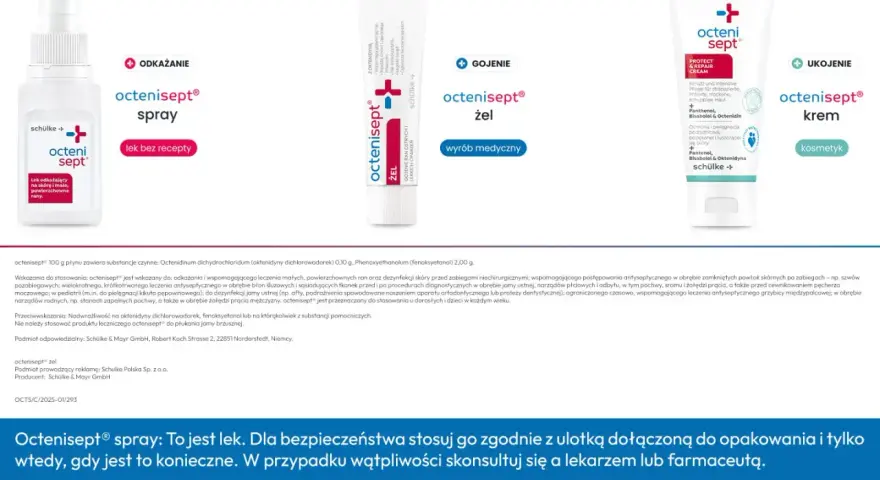 Octenisept spray i żel to produkty do dezynfekcji i gojenia ran. Spray jest lekiem, a żel wyrobem medycznym. Oba pomagają w leczeniu oparzeń.