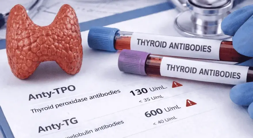 Model tarczycy obok probówek z napisem "THYROID ANTIBODIES" i wynikiem badania anty-TPO.
