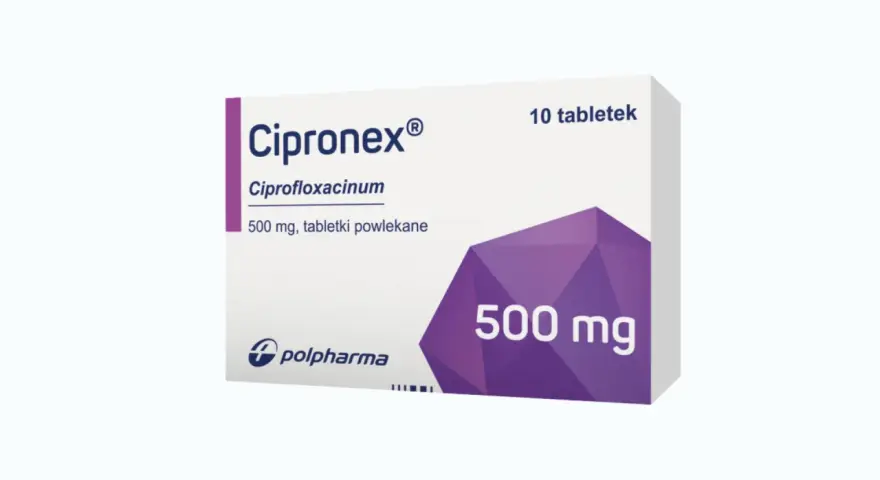 Opakowanie leku Cipronex 500 mg, zawierające 10 tabletek powlekanych. Producent: Polpharma.