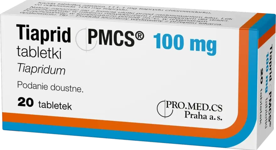Opakowanie leku Tiaprid 100 mg, zawierające 20 tabletek. Tiapridum to substancja czynna.