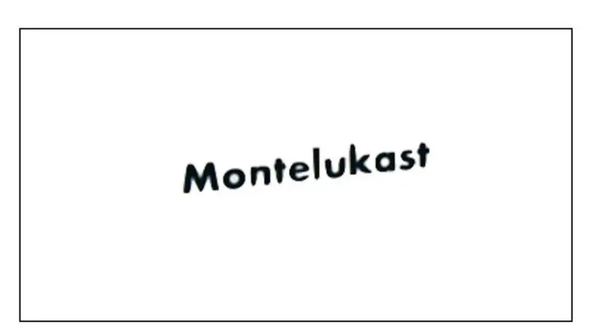 Napis "Montelukast" w kolorze czarnym, lekko pochylony, na białym tle.