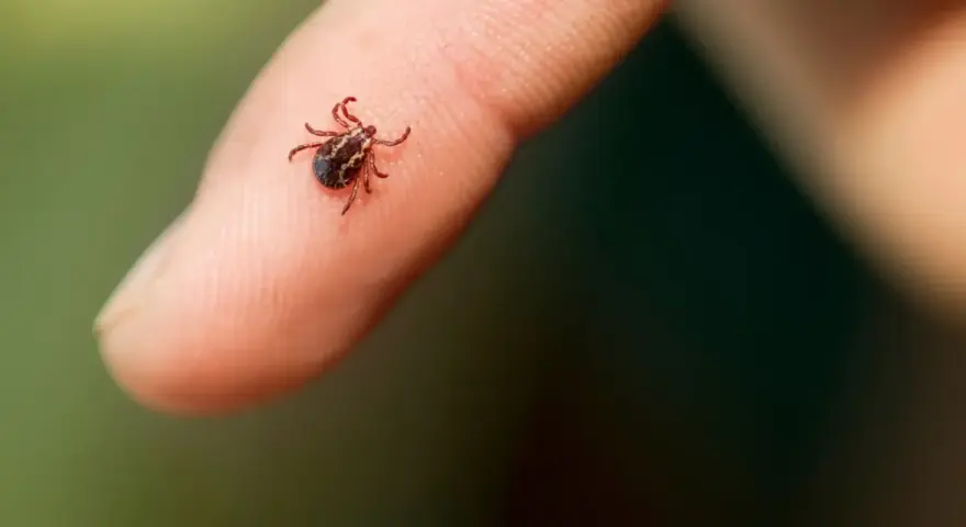 Mały, ciemny pajęczak, zdrapany kleszcz, siedzi na opuszce palca.