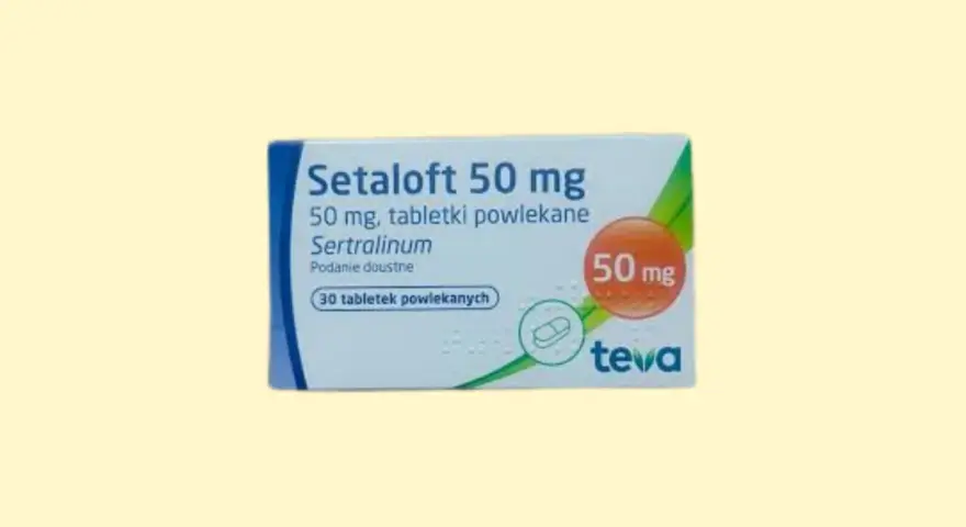 Opakowanie leku Setaloft 50 mg, zawierające 30 tabletek powlekanych z sertraliną, stosowane w leczeniu depresji i innych schorzeń.