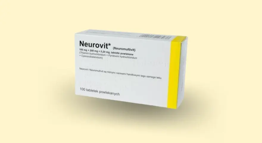 Opakowanie leku Neurovit, zawierające witaminy z grupy B, stosowane w leczeniu schorzeń układu nerwowego.