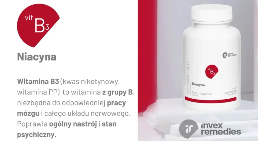 Niacyna, czyli witamina PP, wspiera pracę mózgu i układu nerwowego, poprawiając nastrój. Opakowanie suplementu diety.