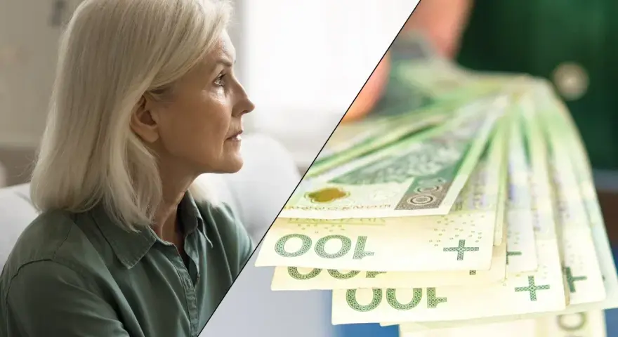 Zamyślona kobieta i stos banknotów 100 zł. Zastanawia się, ile wynosi renta wdowia.