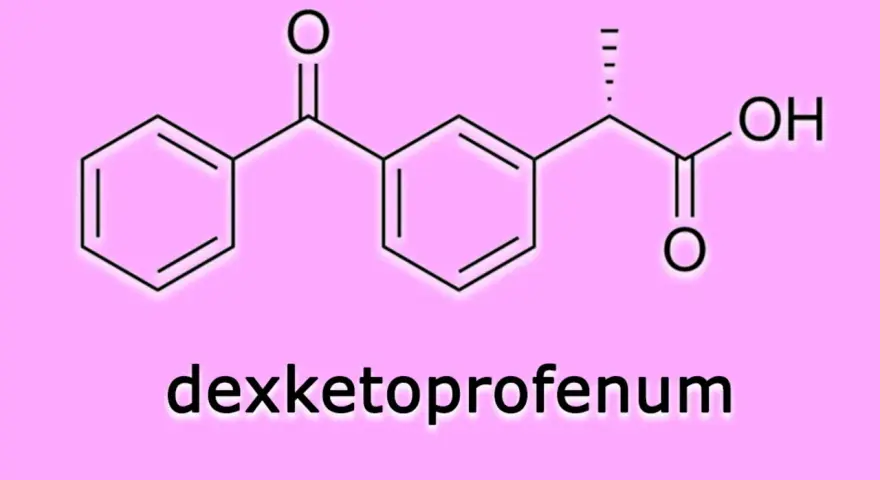 Struktura chemiczna deksketoprofenu, leku przeciwbólowego i przeciwzapalnego.
