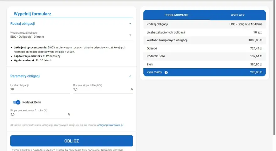 Kalkulator obligacji skarbowych EDO 10-letnich. Pokazuje oprocentowanie, odsetki, podatek Belki i zysk realny.