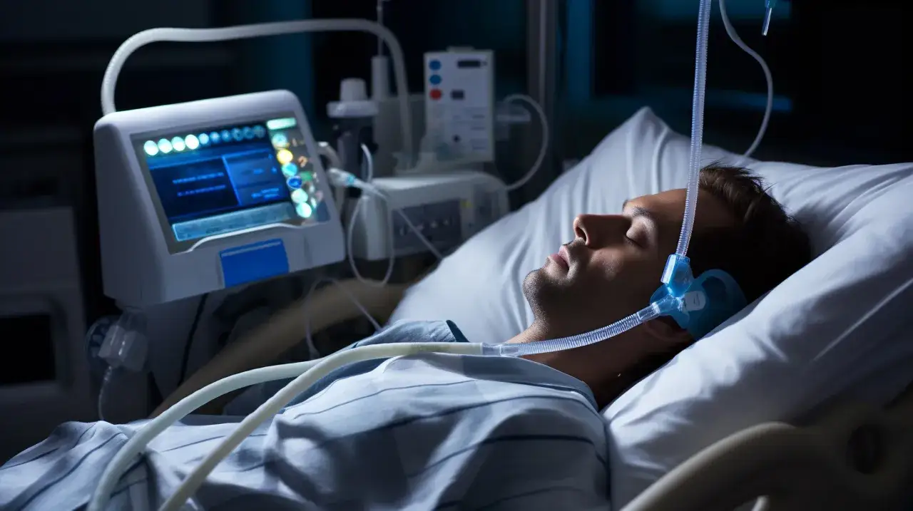 Mężczyzna śpi w łóżku szpitalnym z maską CPAP na twarzy. Obok monitor medyczny, który może być używany do polisomnografii.