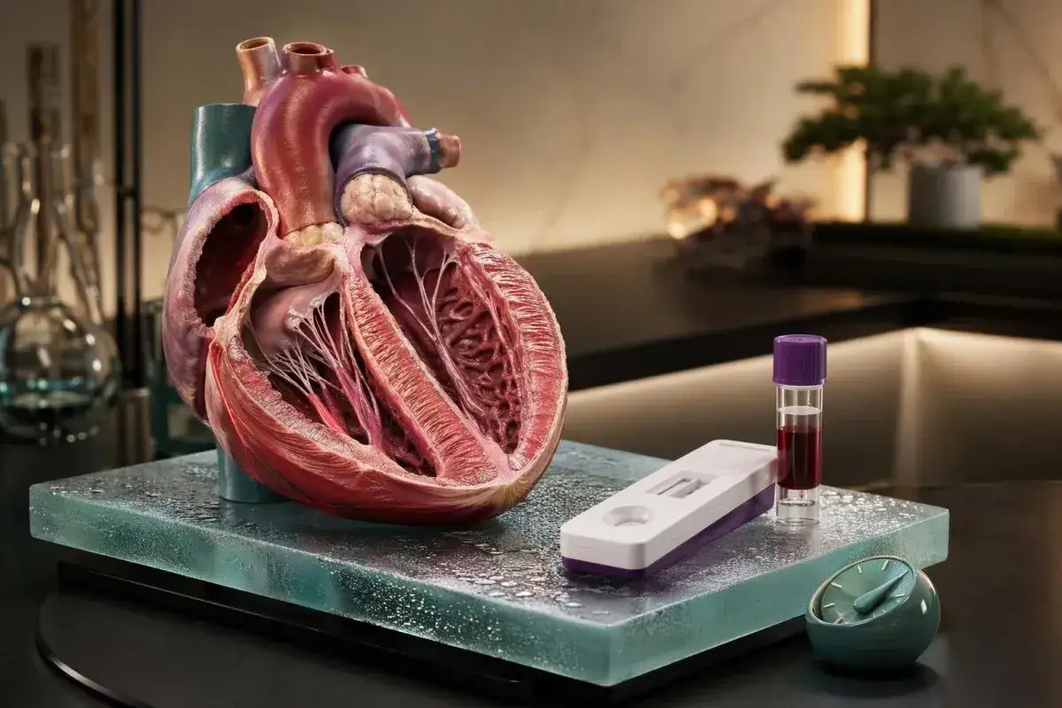 Model serca obok testu diagnostycznego i probówki z krwią. Wynik testu wskazuje, że troponina norma.