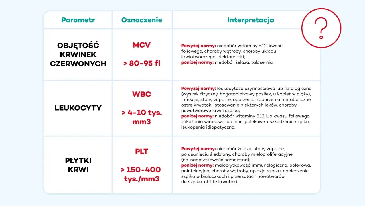 Tabela wyników badań krwi: MCV (objętość krwinek czerwonych) i WBC (leukocyty) z interpretacją.