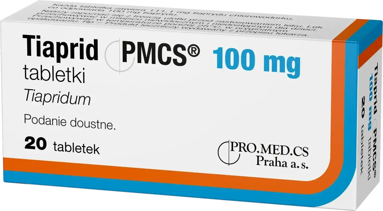 Opakowanie leku Tiaprid 100 mg, zawierające 20 tabletek. Tiapridum to substancja czynna.