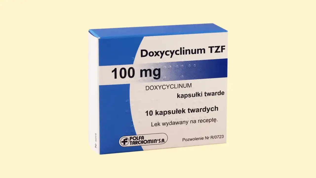 Opakowanie leku Doxycyclinum TZF 100 mg, zawierające 10 kapsułek twardych.